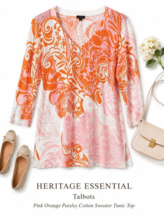 Talbots Sweaters - Talbots Pink Orange Paisley Floral 100% Cotton Lightweight Sweater Tunic Top L